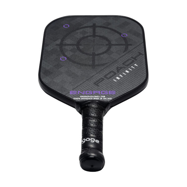 Front view of a black pickleball paddle with a target design, POACH INFINITY text, and ENGAGE logo.