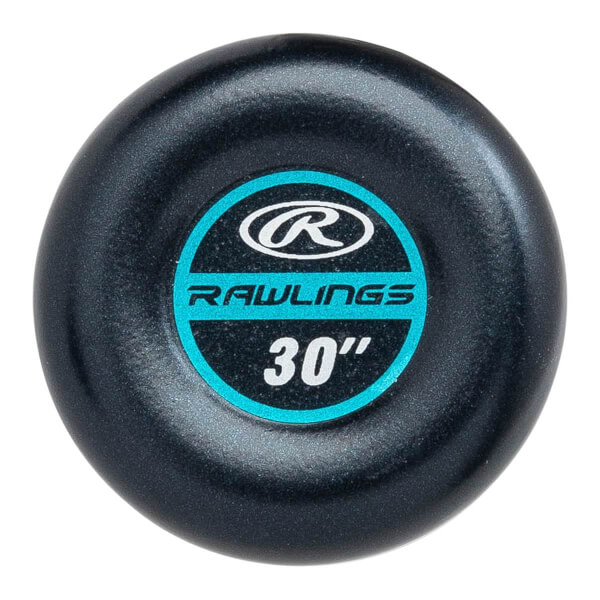 End view of a black softball bat with Rawlings logo and 30 size.