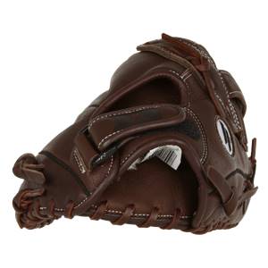 Side view of a brown softball glove with white stitching and a black logo.