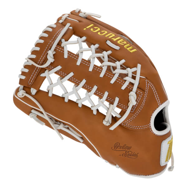 Front view of a tan baseball glove with white laces, featuring gold Marucci branding on the finger and an Oxbow Series stamp on the palm.