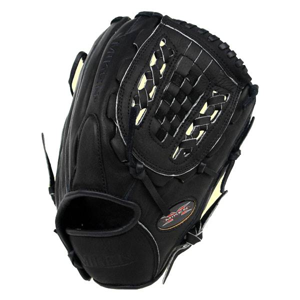 Top-down view of a black baseball glove with white stitching and a Miken logo.