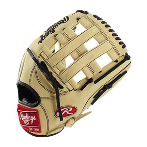 Front view of a tan baseball glove with black lacing and a red Rawlings logo.