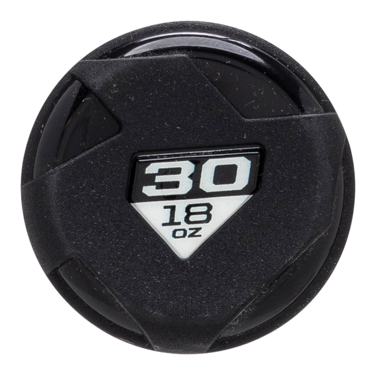 Close-up top-down view of a black textured bat end cap featuring an angular design and a central triangular badge with the numbers 30 and 18 OZ.