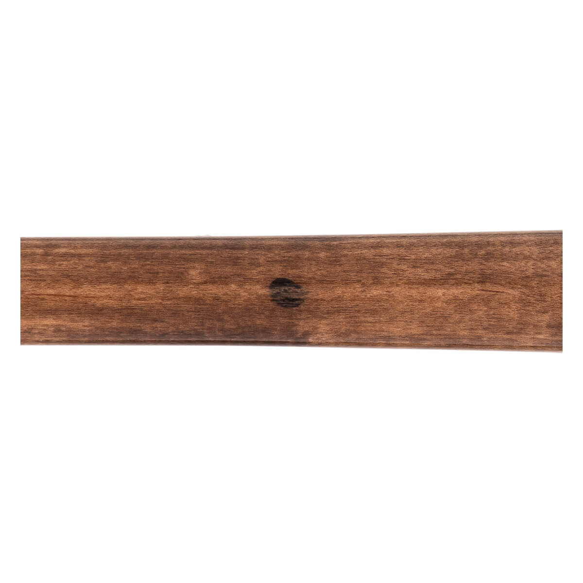 Close-up of a dark brown maple wood baseball bat with visible wood grain and a small black ink dot.