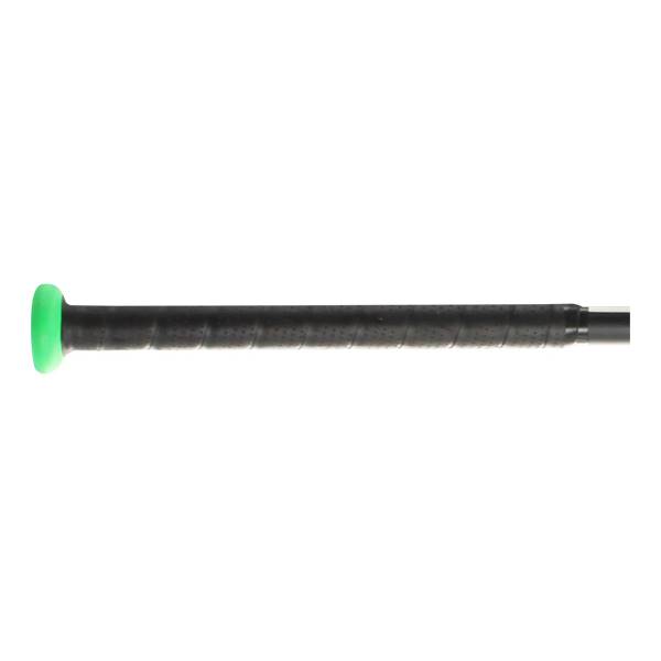 Side view of a black baseball bat with a green end cap and textured grip.