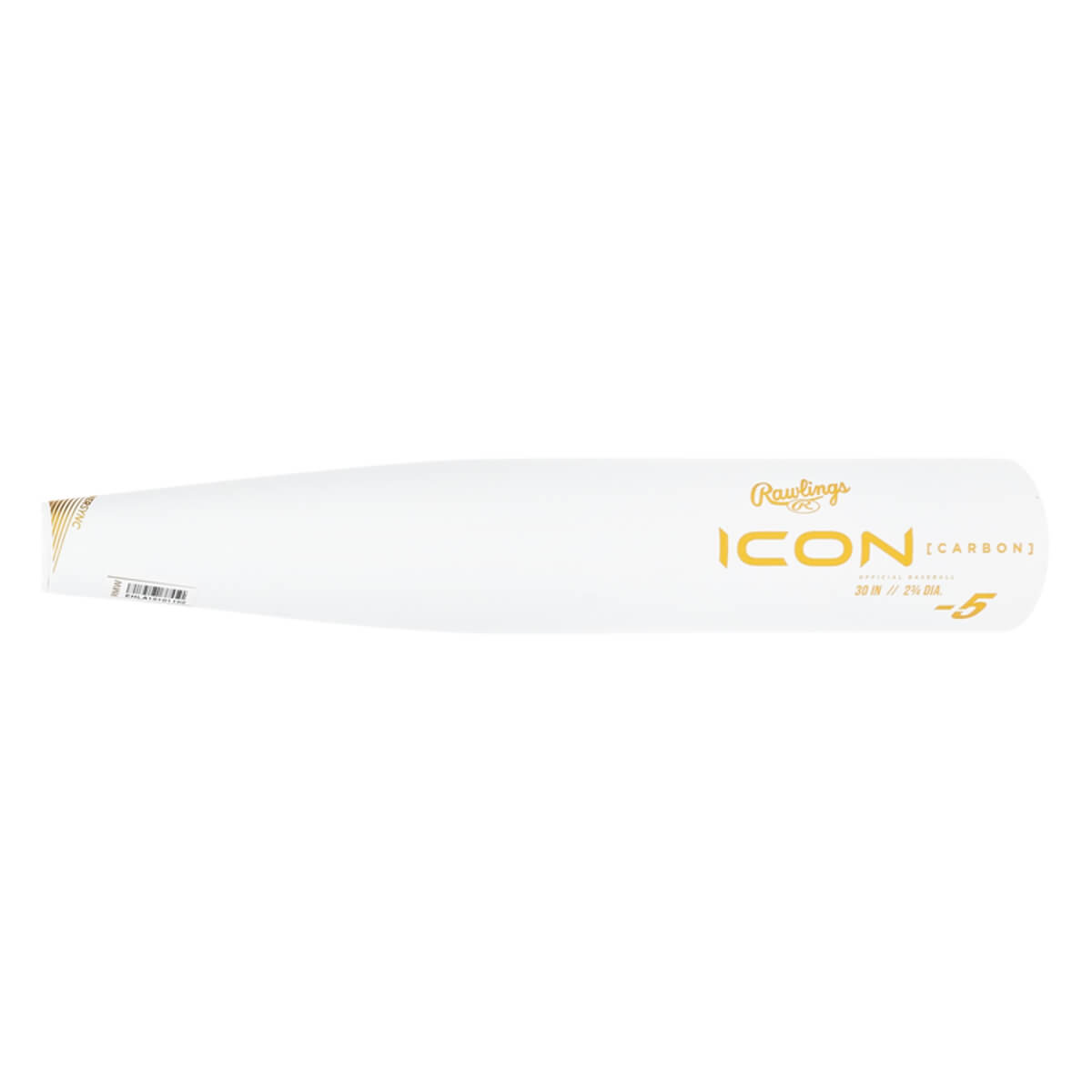 Side view of a white baseball bat with gold Rawlings ICON [CARBON] text and -5 marking.