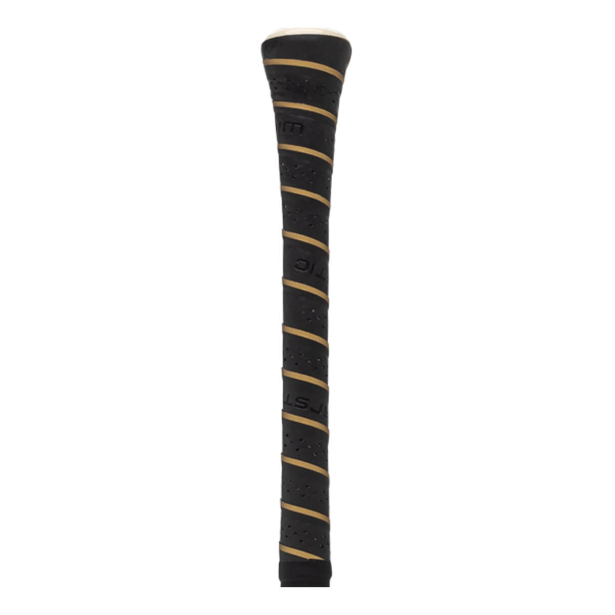Close-up of a black baseball bat grip with gold spiral tape, perforated texture, and WARSTIC text.