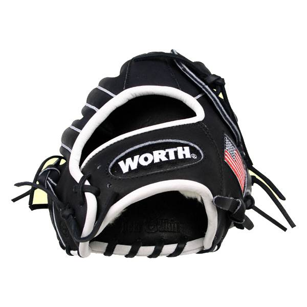 Front view of a black baseball glove with white trim, WORTH logo, and American flag patch.