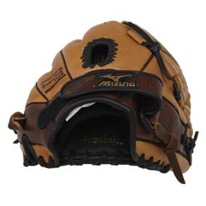 Back view of a tan and brown baseball glove with Mizuno logo and SureFit branding.