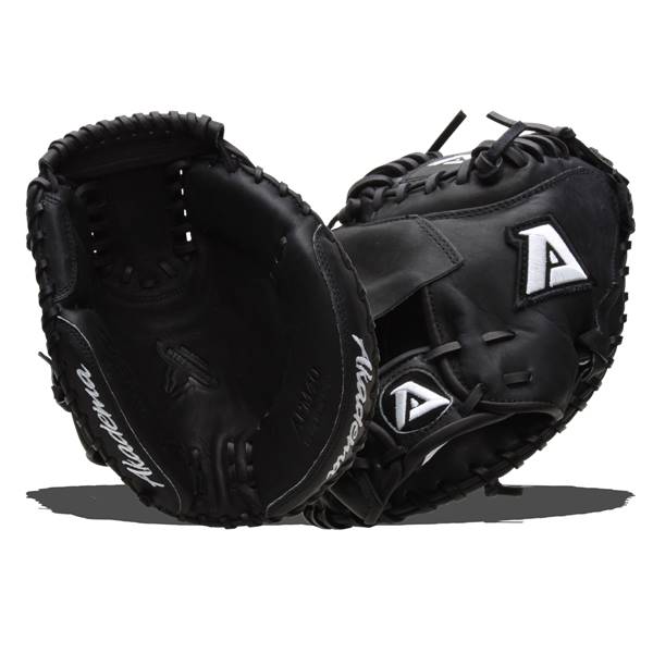 Front view of a black catchers mitt with white Akadema text and two white A logos.