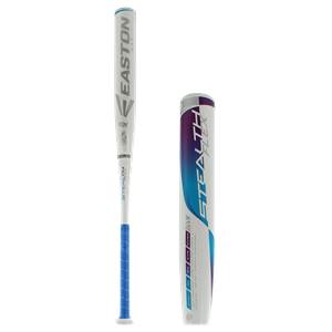 Side view of a white Easton Stealth Flex fastpitch softball bat with a blue grip and a matching bat sleeve.