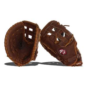 Side view of a brown baseball glove with a red Indian head logo and Nokona text.