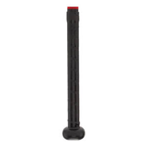 Side view of a black fastpitch softball bat with a textured grip and red end cap.