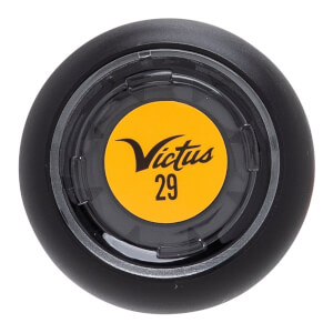 Top-down view of a black baseball bat end cap with a yellow Victus logo and 29 under a clear cover.
