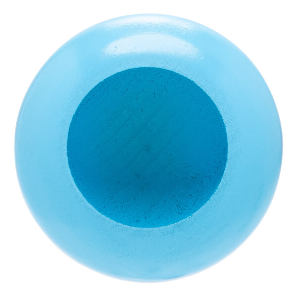 End view of a light blue baseball bat with a darker blue cupped barrel.