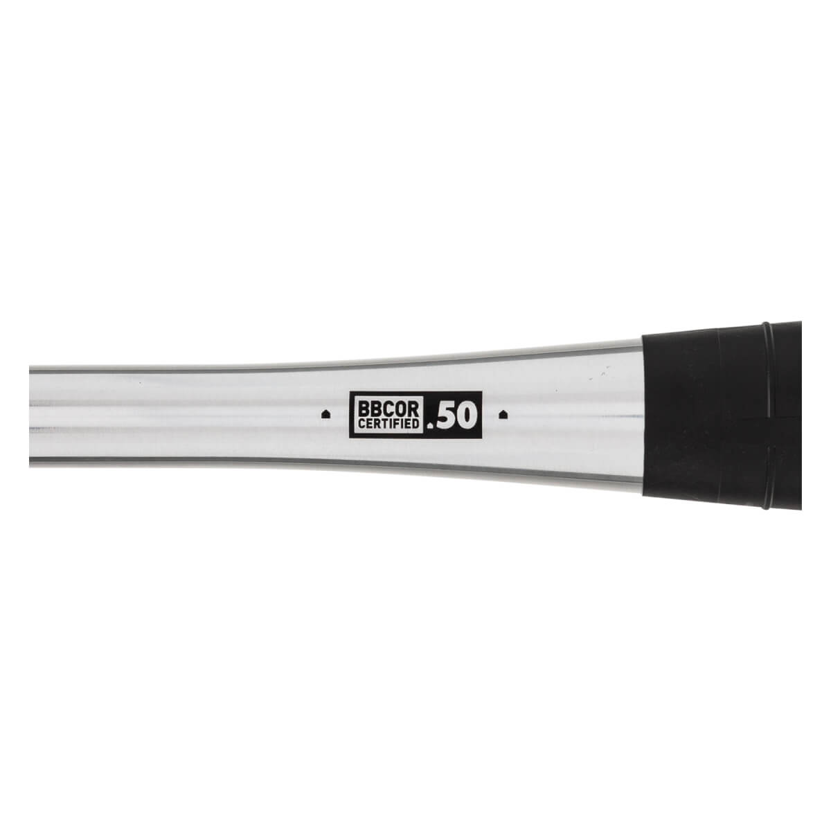 Side view of a silver baseball bat with black grip and BBCOR CERTIFIED .50 markings.