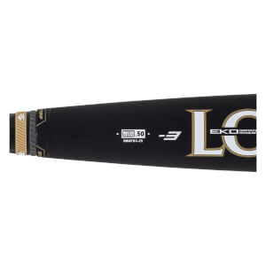 Side view of a black Louisville Slugger baseball bat with gold accents, EKO COMPOSITE TECHNOLOGY text, and BBCOR certified markings.