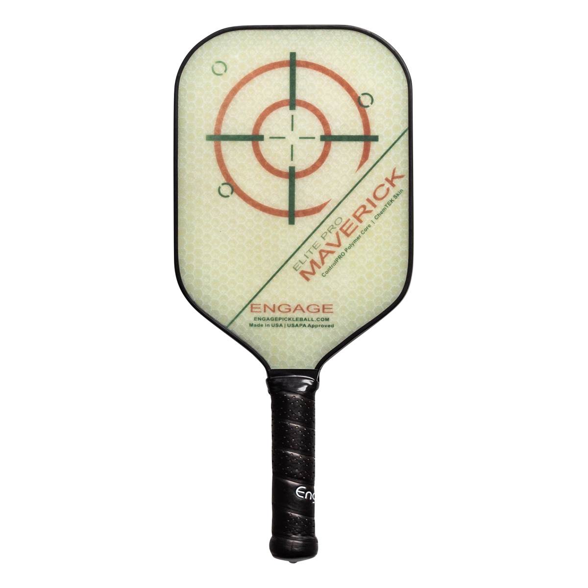 Front view of a light-colored pickleball paddle with a target design, Maverick text, and black grip.