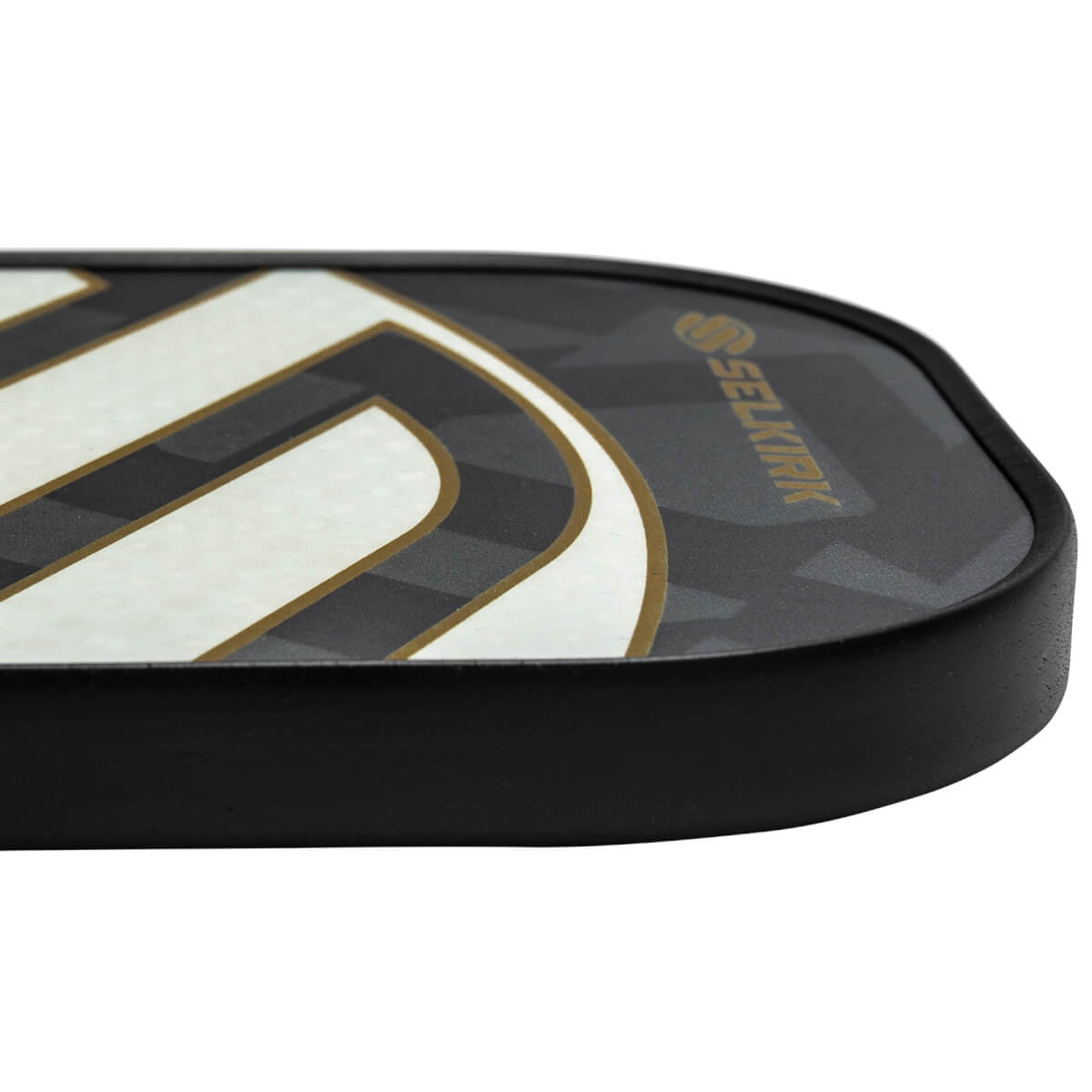 Side view of a black pickleball paddle with white and gold curved lines and Selkirk branding.