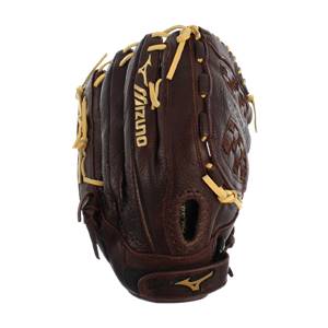 Side view of a brown softball glove with tan lacing and a Mizuno logo.