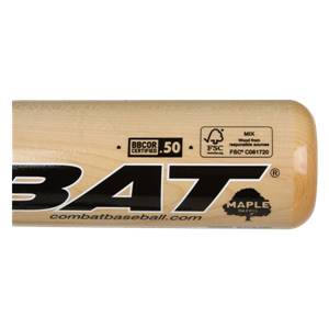 Side view of a light wood baseball bat with BAT logo, combatbaseball.com, and FSC certification.