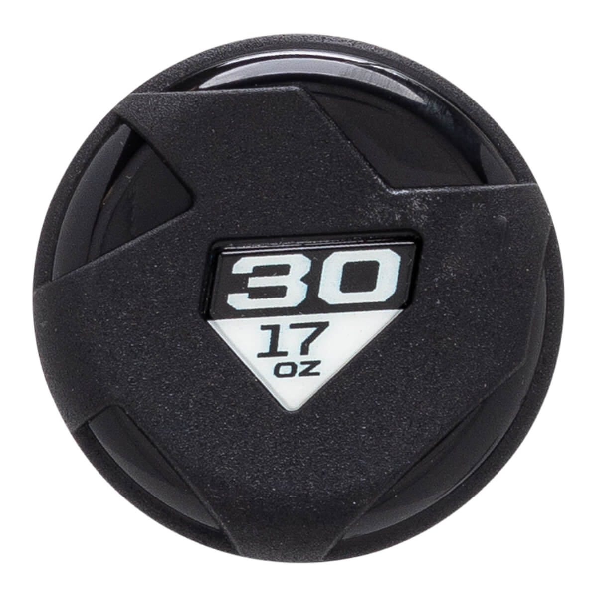 Top-down close-up of a black softball bat end cap with white 30 and 17 OZ numbers and a geometric molded design.