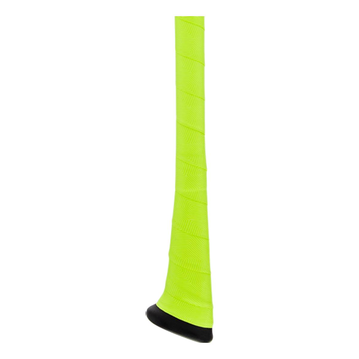 Close-up of a neon yellow baseball bat grip with a black end cap.