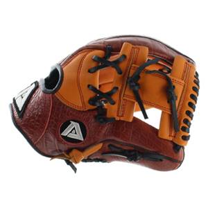 Side view of a brown baseball glove with black lacing and a textured pattern.