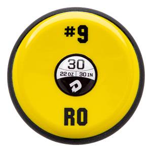 End view of a yellow baseball bat with #9, 30, 22 OZ, 30 IN, RO, and a DeMarini logo.
