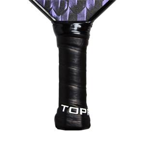 Bottom view of a black pickleball paddle with a textured grip and white TOP lettering.