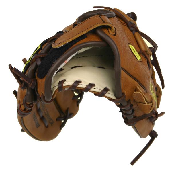 Top-down view of a brown baseball glove with yellow accents and FIELD COMMANDER text.