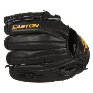 Front view of a black Easton glove with gold lettering and a star logo.