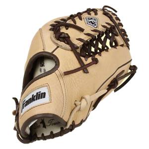 Side view of a tan baseball glove with brown lacing, a Franklin logo, and Our Touch text.