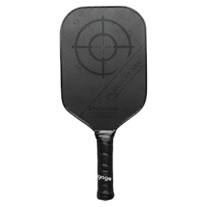 Front view of a black pickleball paddle with a target design, PURSUIT MX, and ENGAGE text.
