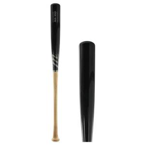 Front view of a black and natural wood baseball bat with MS 350 and Marucci branding.
