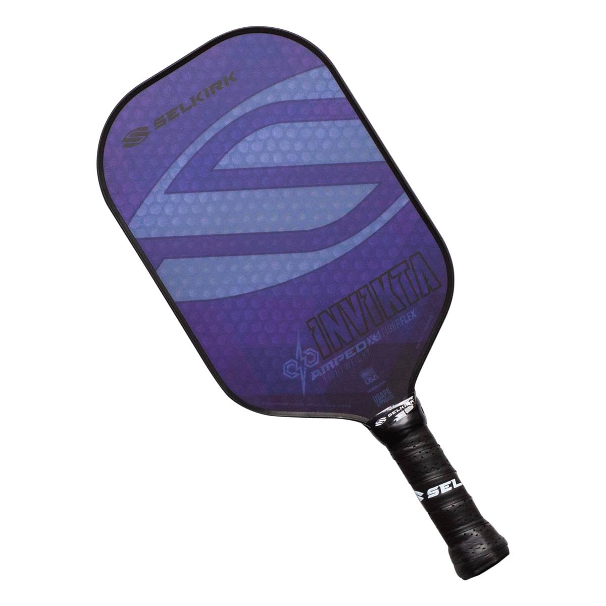 Top-down view of a purple pickleball paddle with blue chevron design and INVINKTA text.