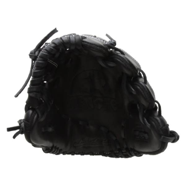 Top-down view of a black baseball glove with white stitching and a textured palm.