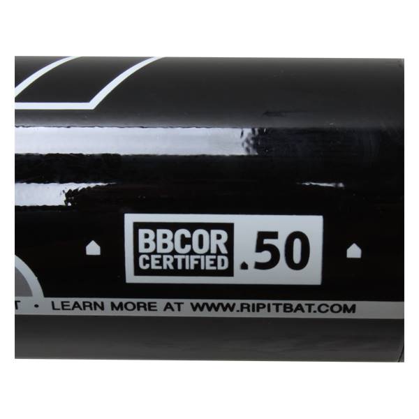 Close-up of a black baseball bat with BBCOR CERTIFIED .50 and RIPITBAT.COM text.