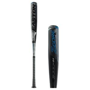 Side view of a black baseball bat with blue Easton branding and Z-CORE XL text.