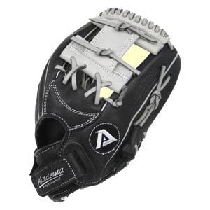 Top-down view of a black baseball glove with white stitching, grey lacing, and Akadema professional text.