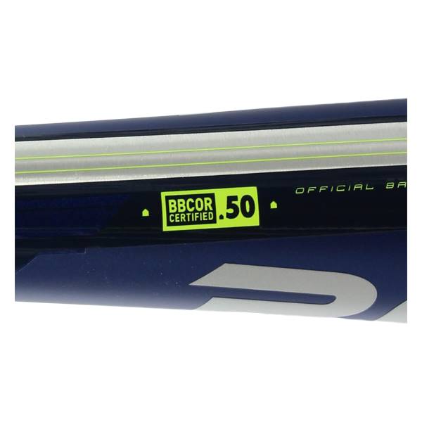 Close-up of a blue baseball bat with a BBCOR CERTIFIED .50 sticker and OFFICIAL BA text.