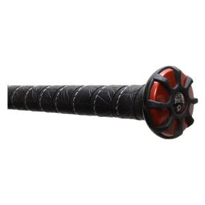Side view of a black fastpitch softball bat with a textured grip and red end cap with 33 visible.
