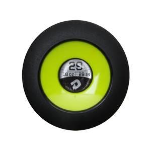 Top-down view of a black baseball bat end cap with a neon yellow insert showing 29 and 18 OZ 29 IN.
