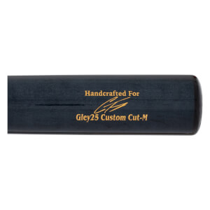 Close-up of a dark blue baseball bat with gold text reading Handcrafted For Gley25 Custom Cut-M.