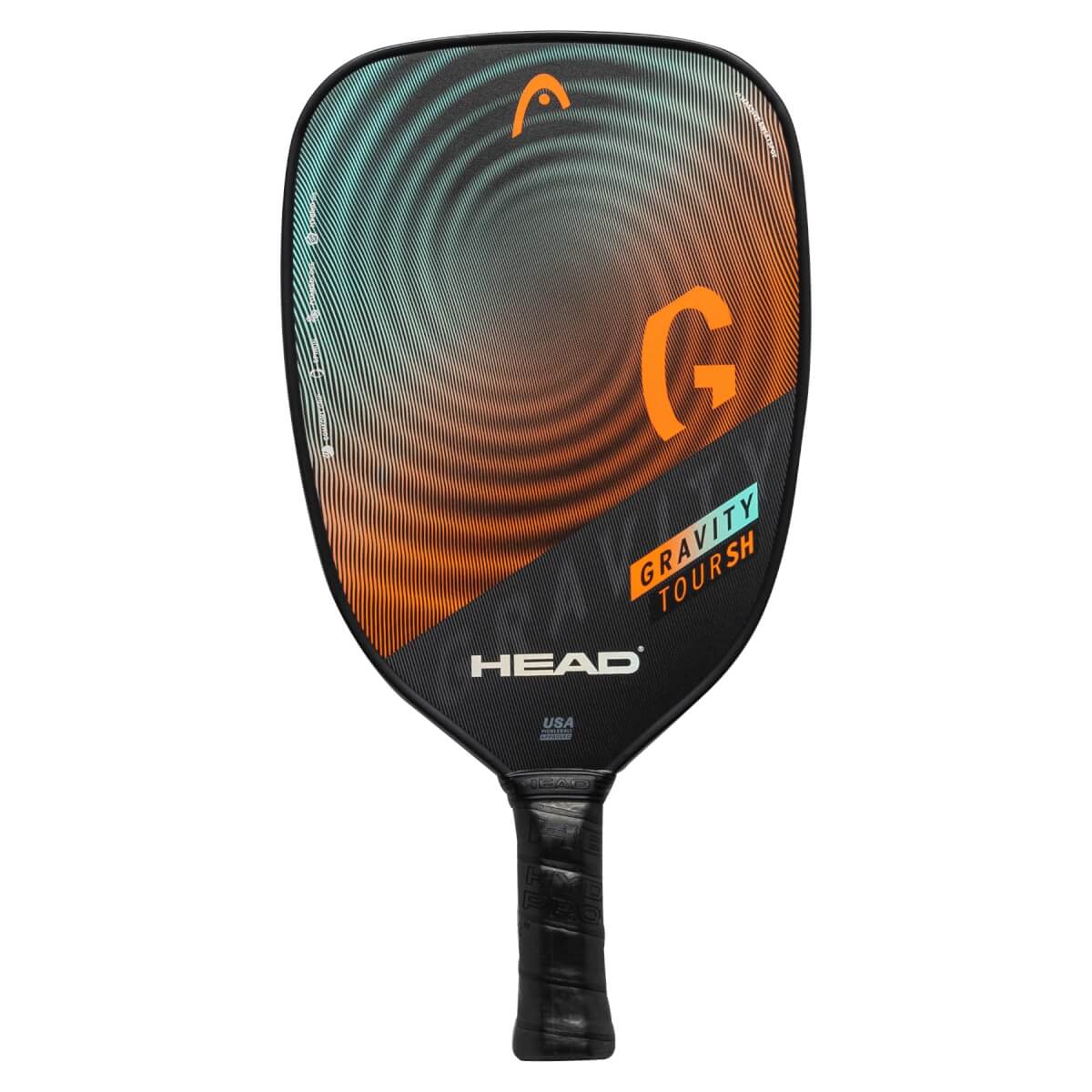 Front view of a black pickleball paddle with orange and teal swirl design, large orange G, and HEAD GRAVITY TOURSH text.