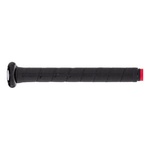 Side view of a black tee ball bat with a perforated grip and red end cap.