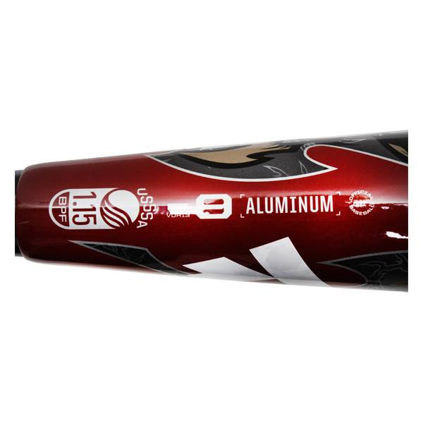 Close-up of a red baseball bat with 1.15 BPF USSSA and ALUMINUM text.