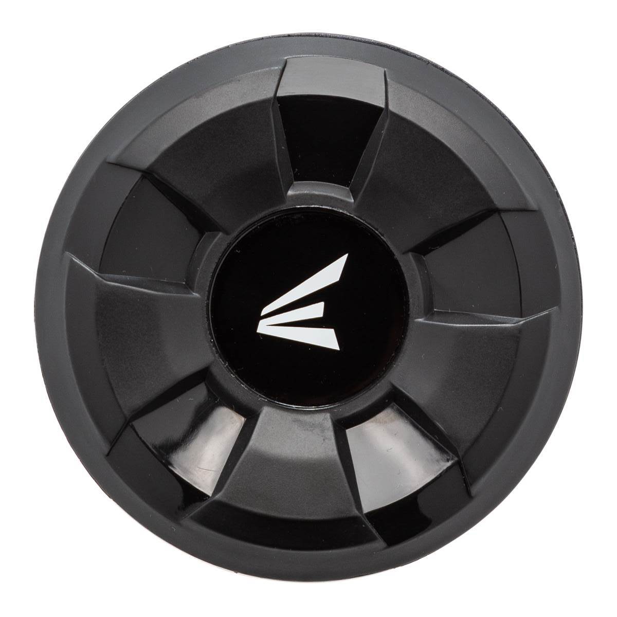 Top-down view of a black baseball bat end cap with a white Easton logo and segmented design.