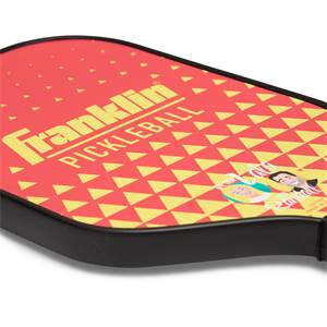 Corner view of a red pickleball paddle with yellow triangles, Franklin Pickleball text, and cartoon faces.