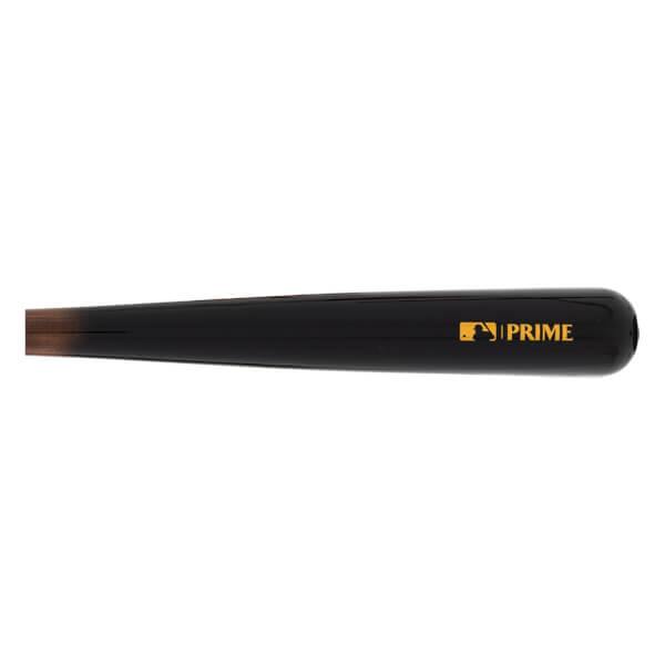 Close-up of a black baseball bat handle with a glossy finish, natural wood end, and gold MLB PRIME logo.